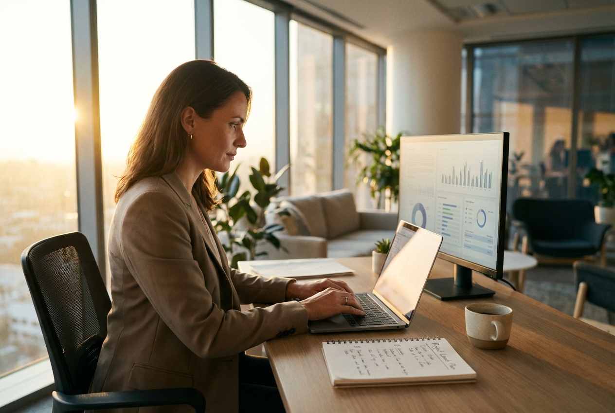 Professional working at her desk early morning, reviewing market data on laptop with sunrise light through windows