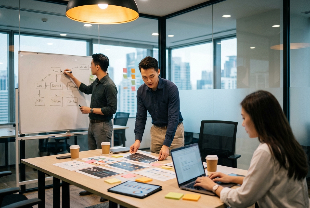 Team collaborating in a meeting room, preparing a presentation with documents and whiteboard sketches