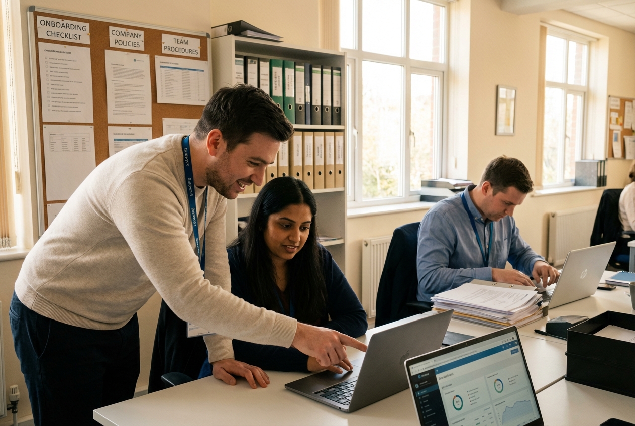 Support team member helping a colleague at their desk, surrounded by organized policy documents and folders